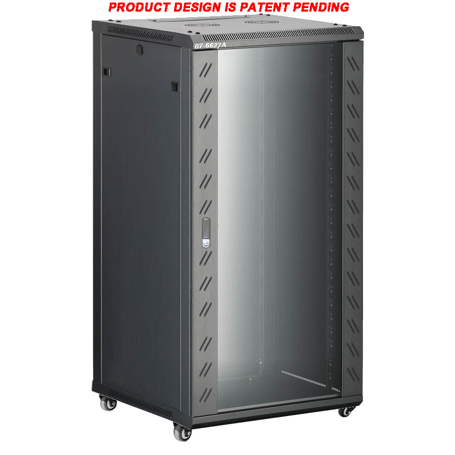 07-6627A 27U 60cm(23.5 inch) Depth Server Network Cabinet - Locking Glass Door, 2 Fans, 1 Shelf, Casters with Brake