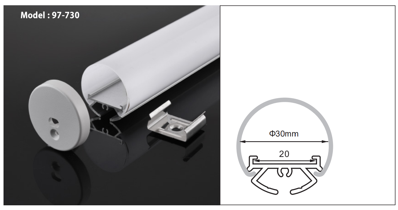 97-730 ROUND LED CHANNEL DIAMETER 3CM 8FT with COVER