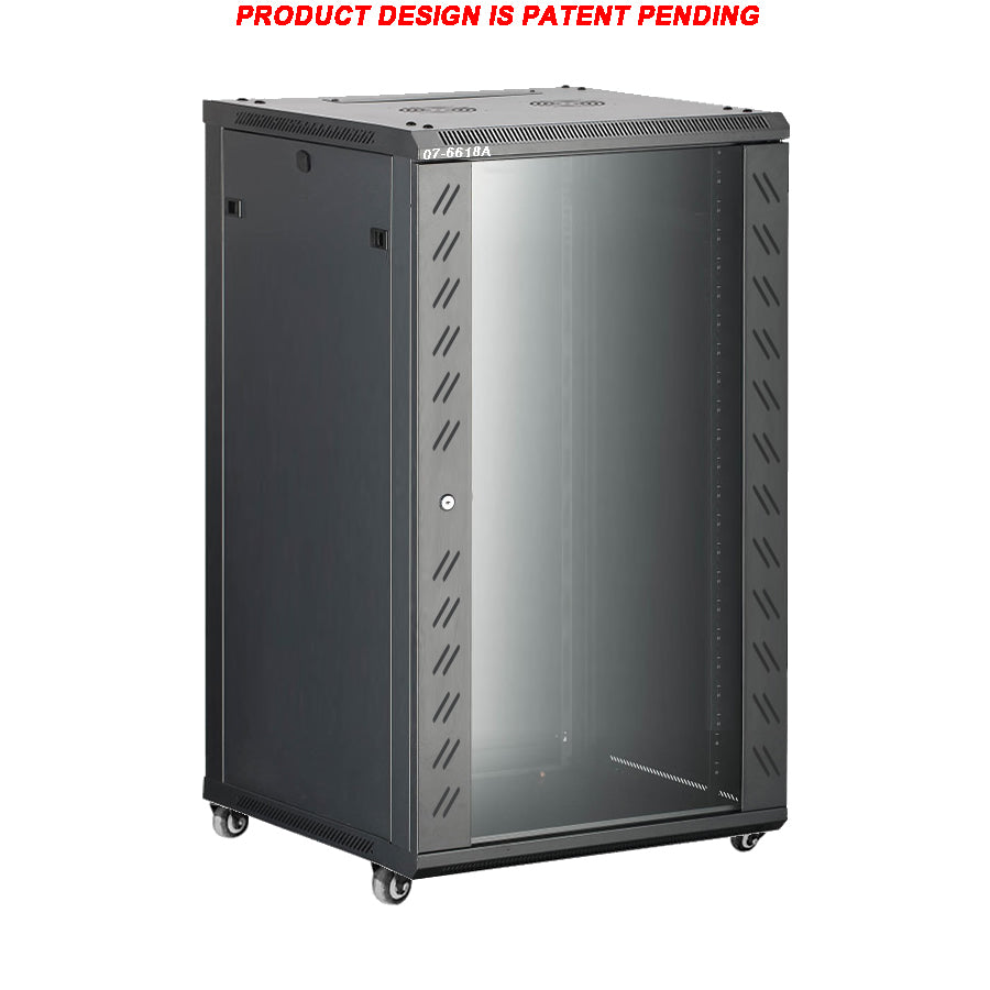 07-6618A 18U Wall Mount Network Cabinet - Extra Deep, Locking Glass Door and Casters with Brake