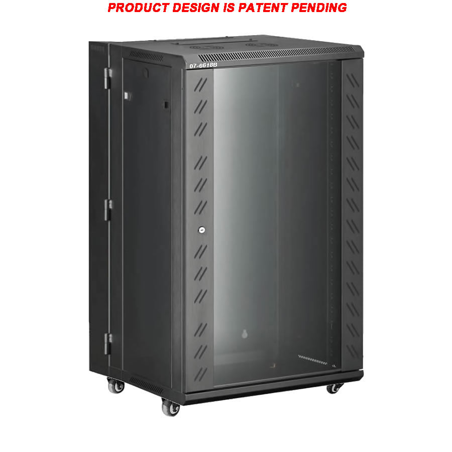 07-6618B 18U Wall Mount Network Cabinet - Extra Deep with Hinge, Locking Glass Door, Casters with Brake