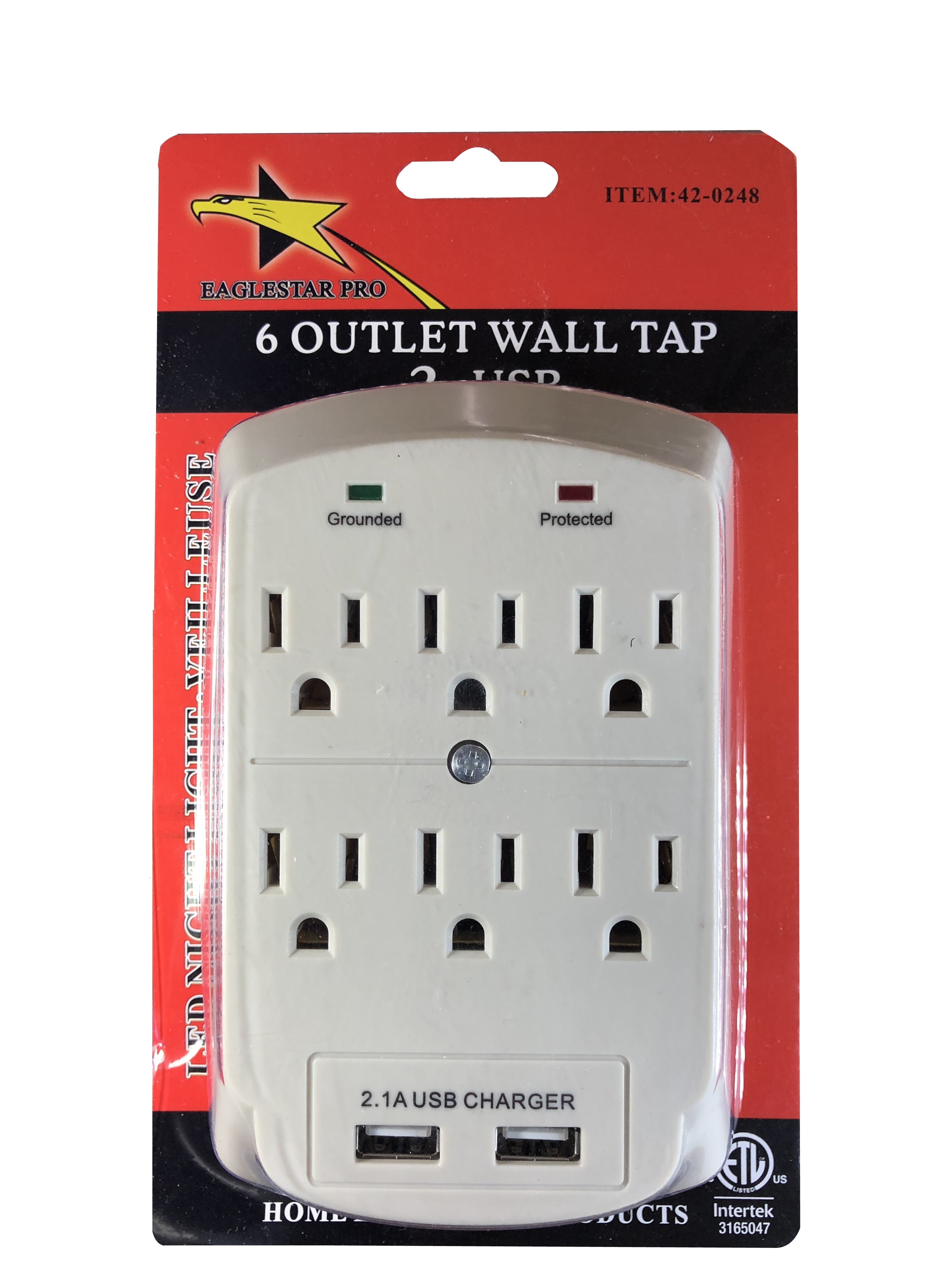 42-0248 6 Outlet Grounded Wall Tap Adapter, with 2 USB Charging Ports, ETL Certified
