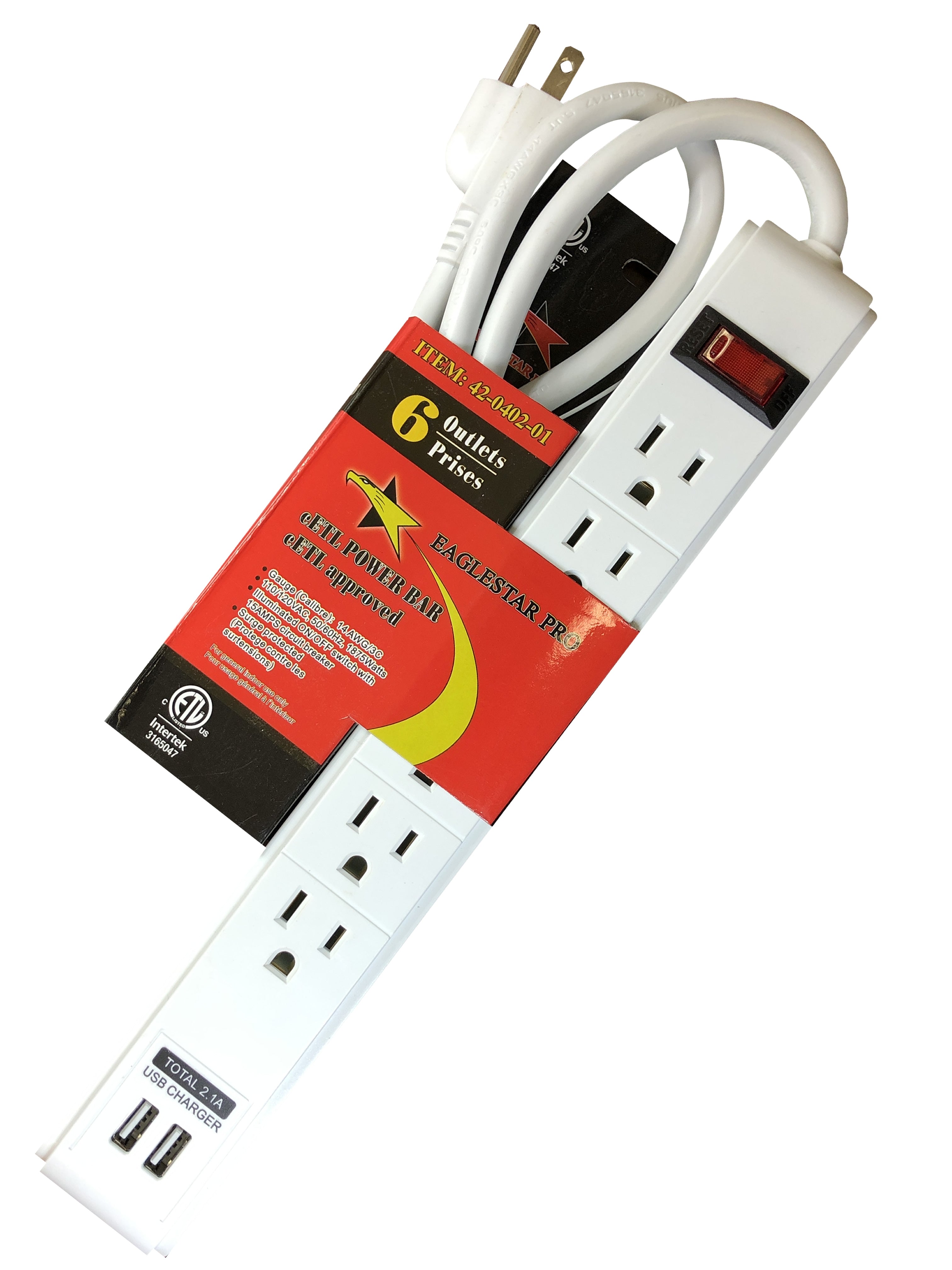 42-0402-01 6 Outlet Power Strip Bar with 3 ft Cord and dual USB, cUL Approved,vertical power distribution