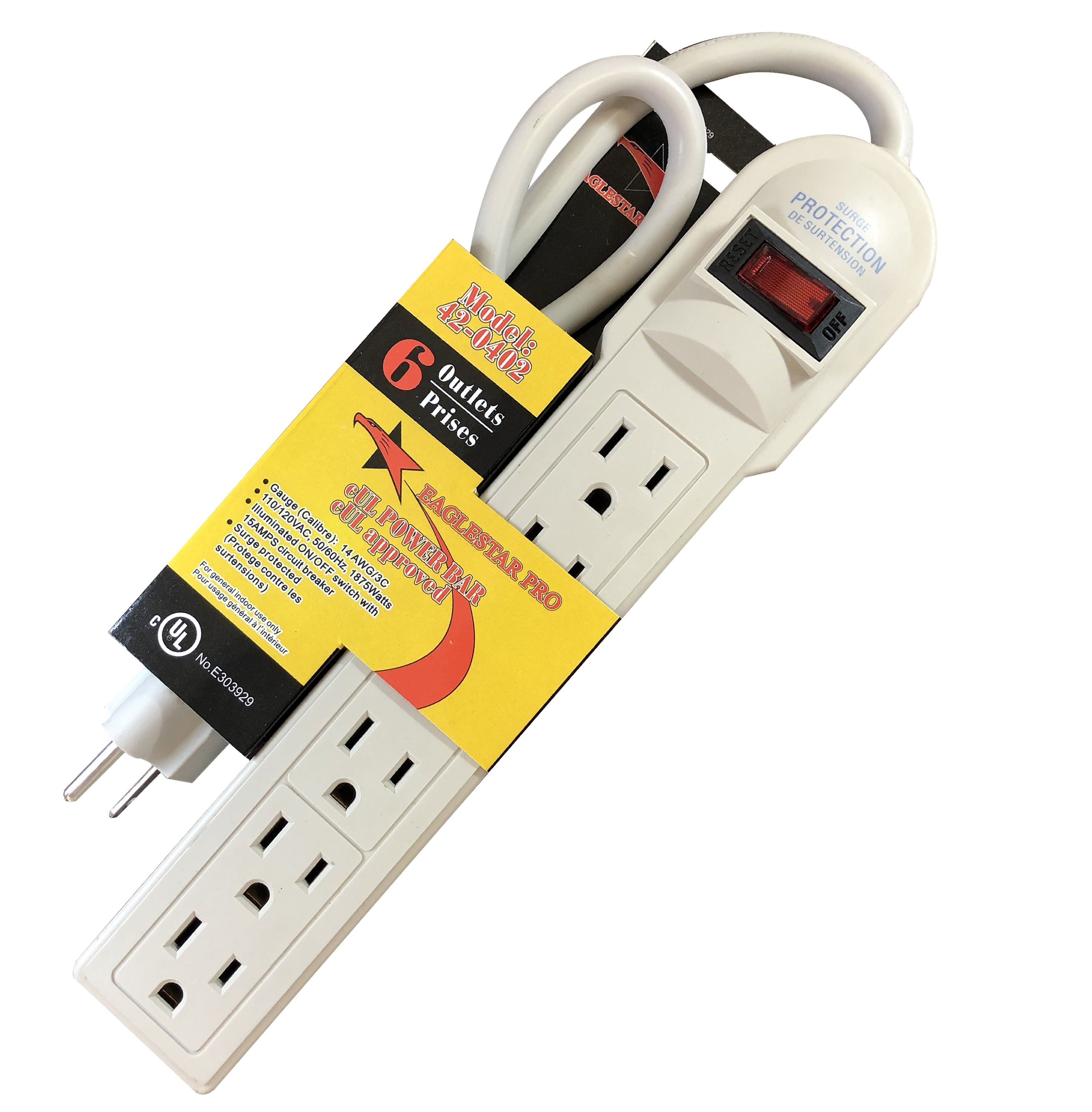 42-0402 6 Outlet Power Strip Bar with 3 ft Cord, cUL Approved, vertical power distribution