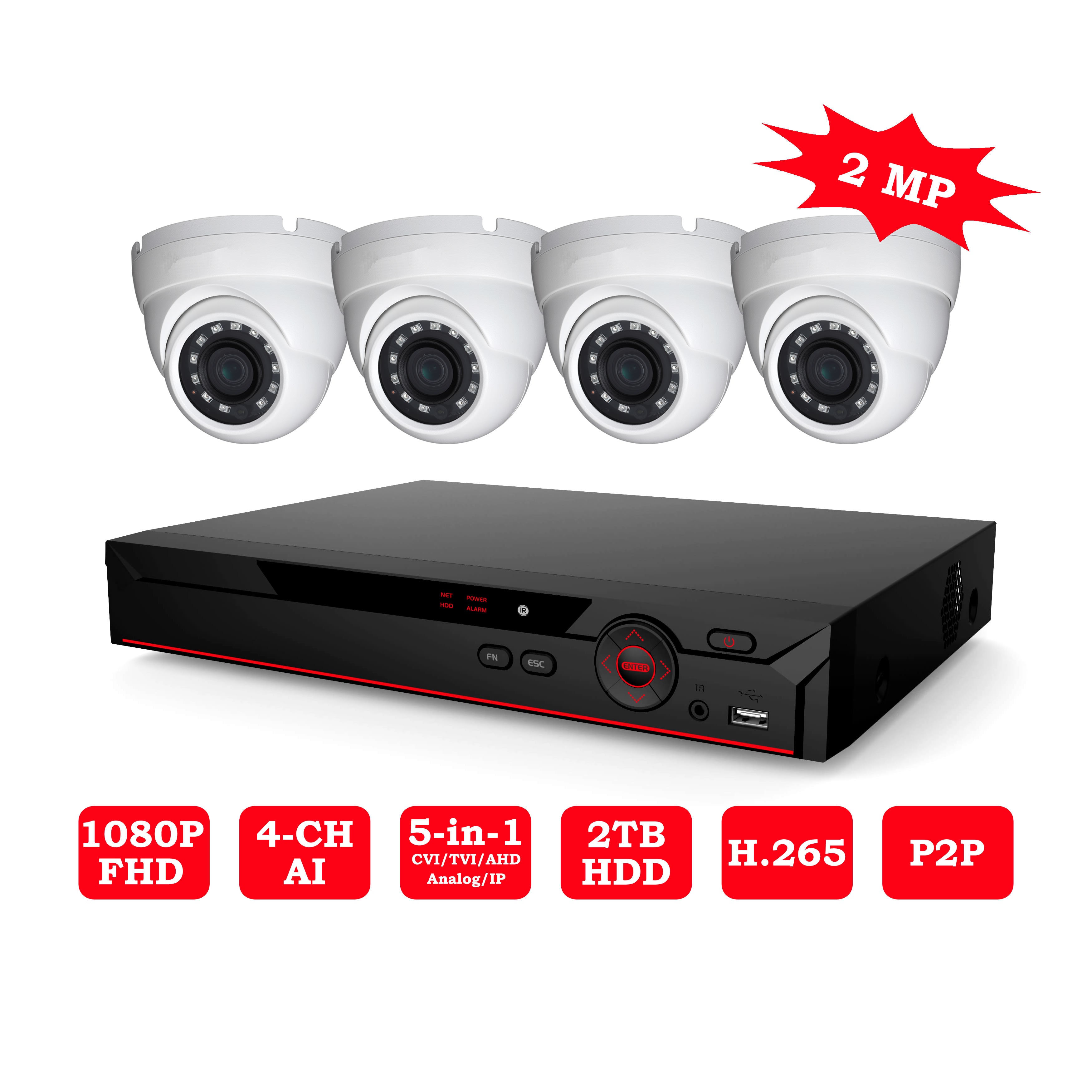 23-4XV51A04-4C 2MP HDCVI 4 Channel 4 Cameras Indoor/Outdoor AI Package
