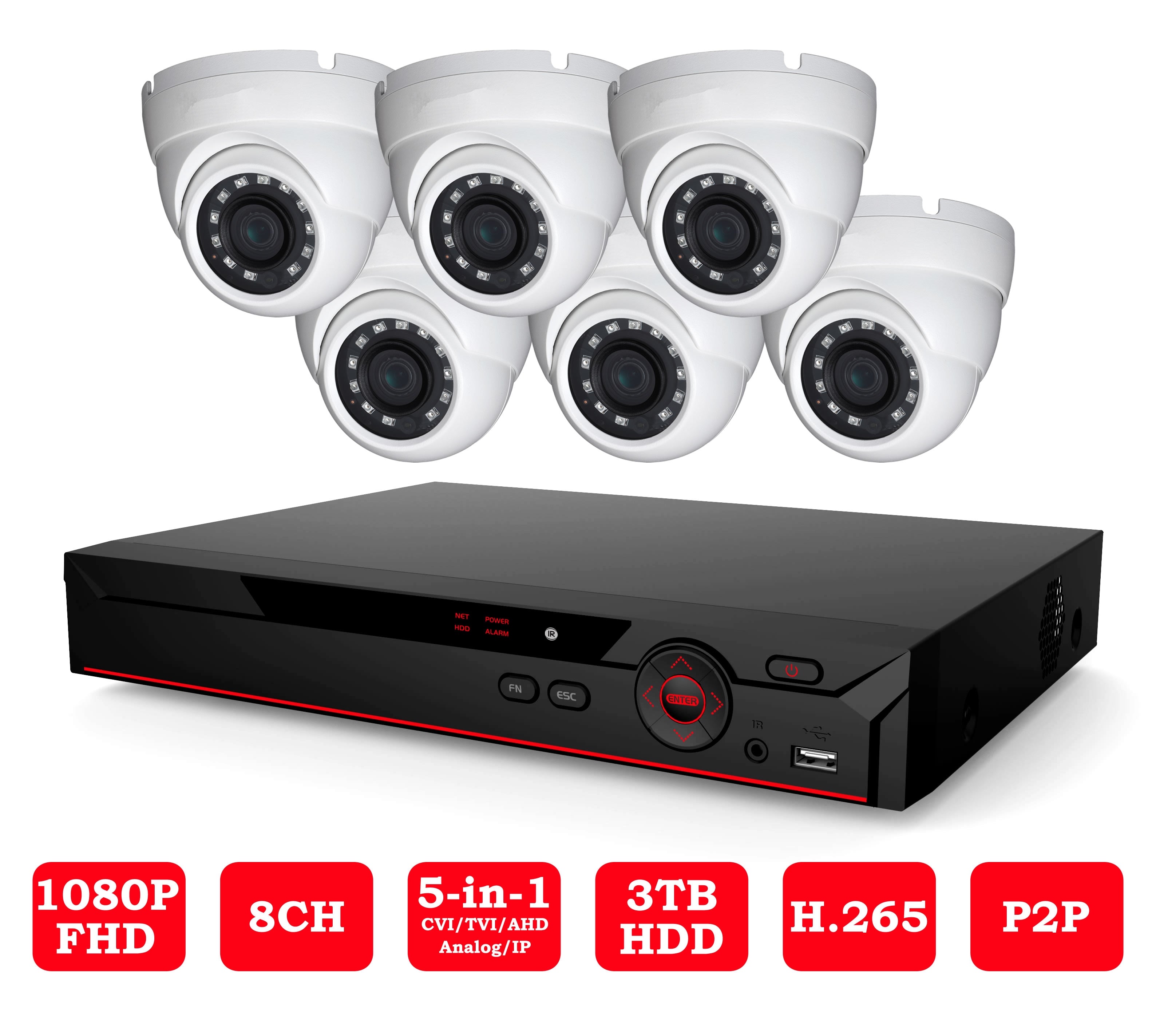 23-4XV51A08-6C 2MP HDCVI 8 Channel 6 Cameras Indoor/Outdoor Package